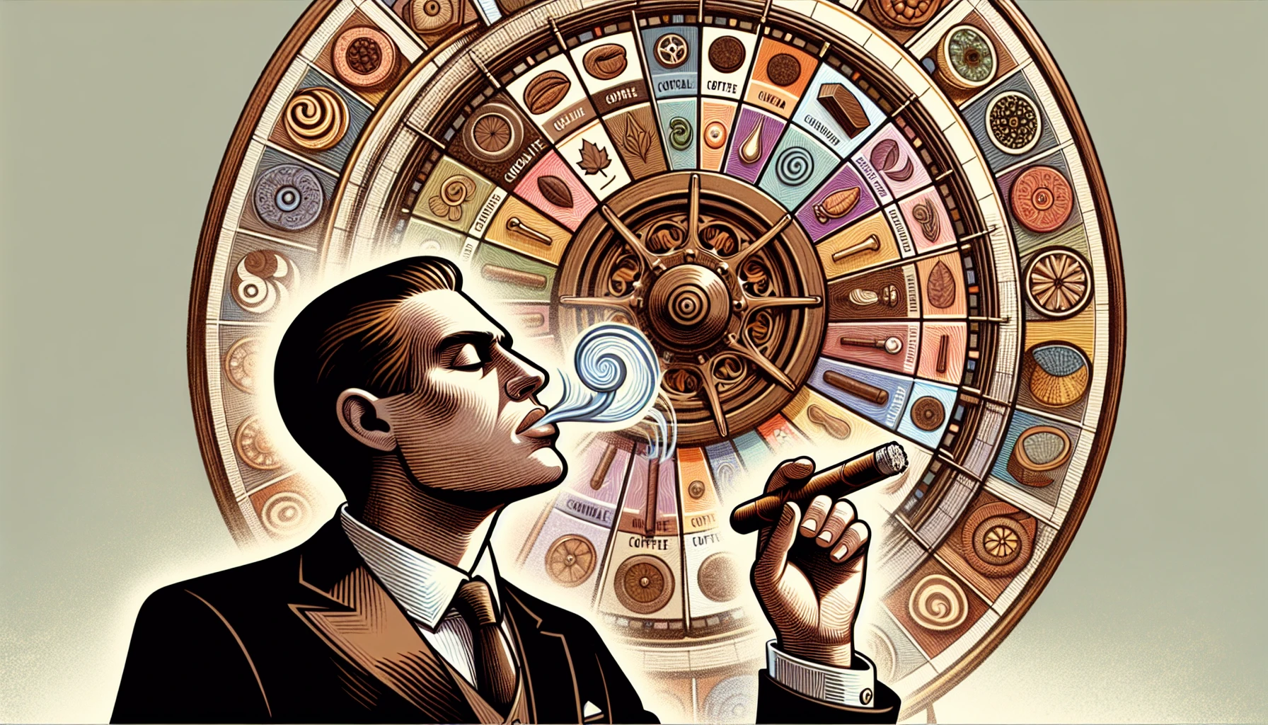 Matching a cigar's flavor profile to personal preferences, illustrated by a person holding a cigar with a flavor wheel in the background