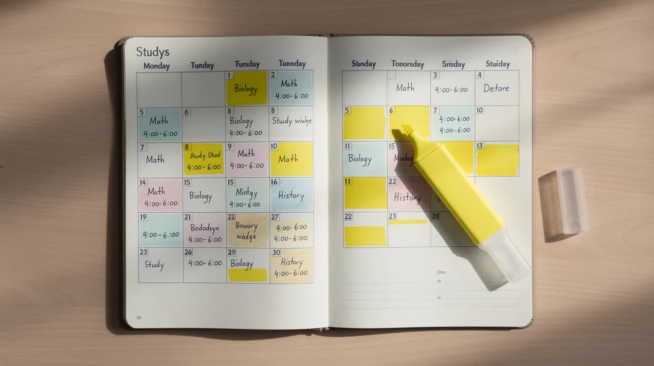 The image features a well-organized calendar displaying a study schedule, highlighted with vibrant colors to emphasize important tasks. This setup can help students develop healthier habits and stay organized as they prepare for their upcoming CELPIP speaking test.