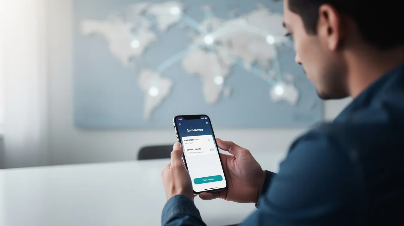A person is using a smartphone to send money internationally, with a world map in the background, symbolizing global transactions. The image highlights the ease of transferring funds through banks like Kalyan Janata Sahakari Bank, incorporating essential details such as IFSC and MICR codes.