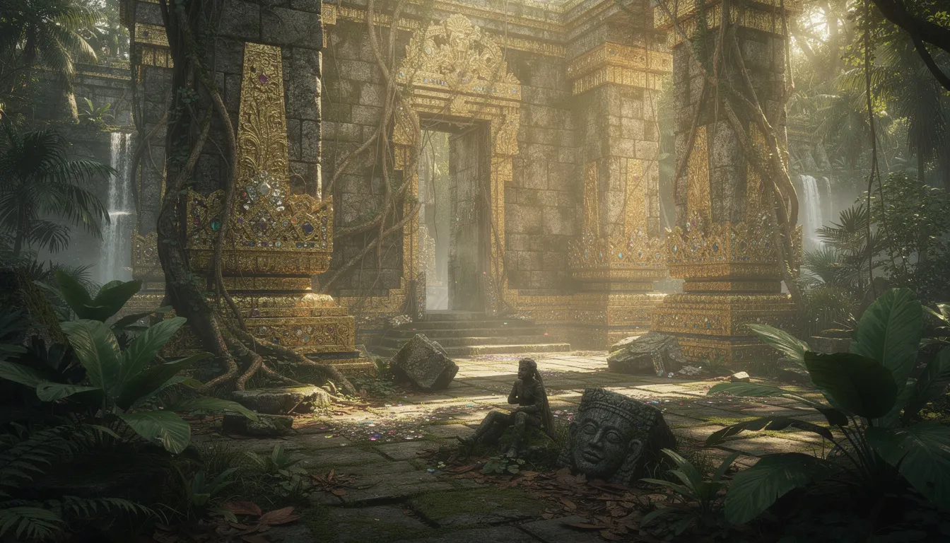 En gammal stenstruktur av ett tempelruin är täckt av guld och ädelstenar, omgivet av en tät djungel. Denna mystiska plats påminner om en förlorad värld där spelare kan upptäcka skatter och vinster, likt teman i populära online casinon som Netent.