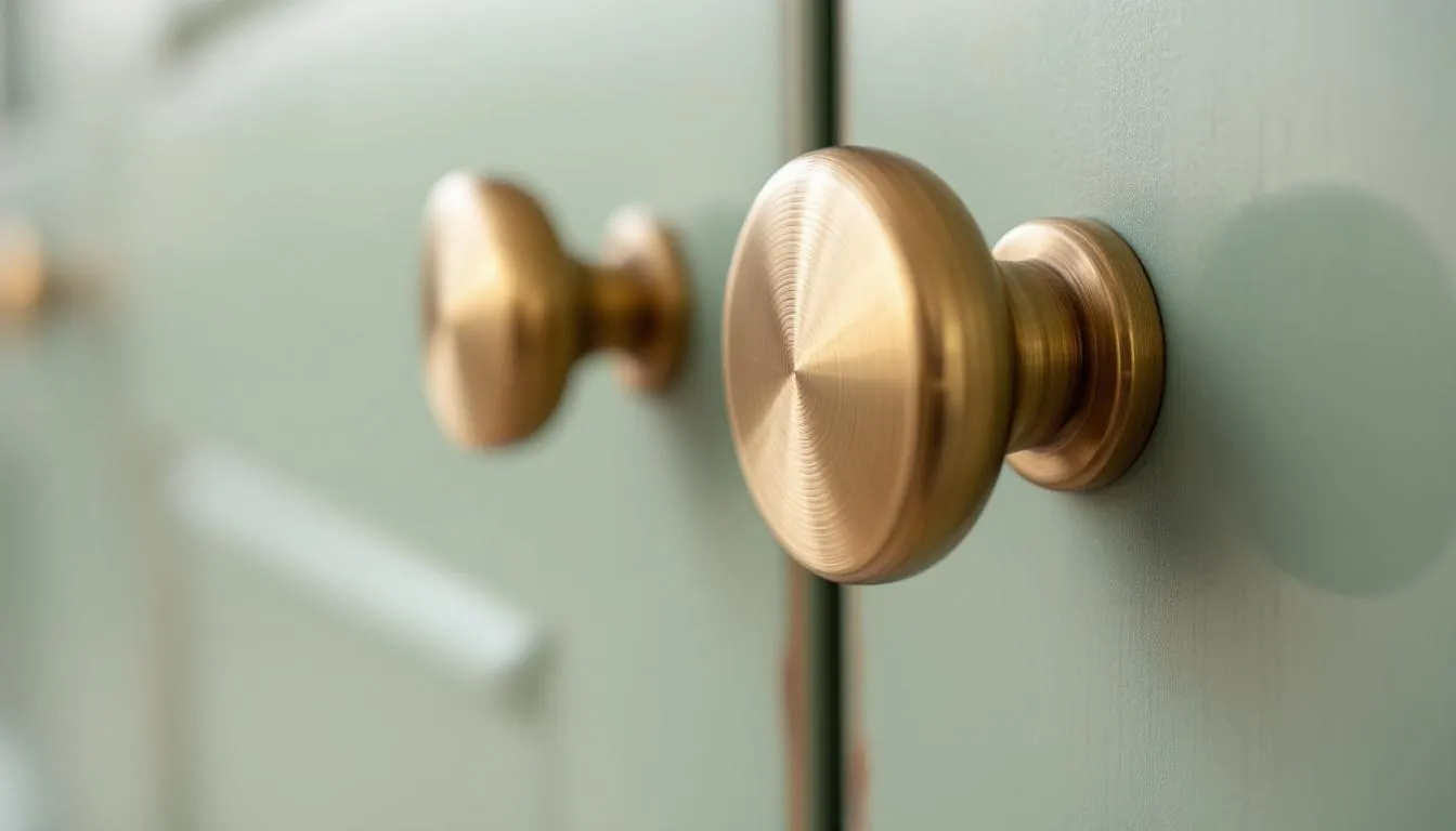 A close-up view of elegant brass cabinet hardware mounted on soft sage green kitchen cabinets, showcasing the beautiful contrast between the warm metallic accents and the muted tones of the Sherwin Williams Clary Sage paint color. The image highlights the sophisticated style of a kitchen renovation, enhancing the overall color palette with a touch of timeless charm.