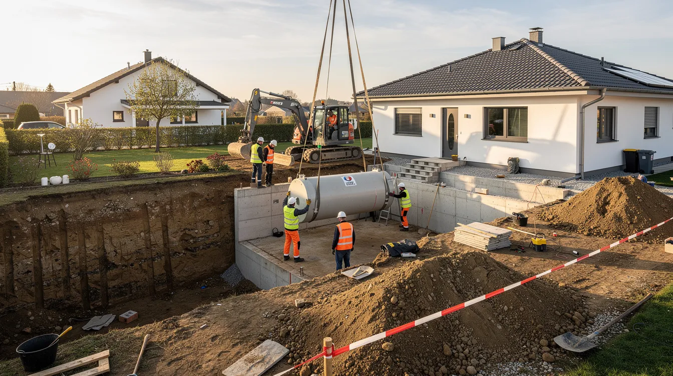 L'image montre des travailleurs du bâtiment en train d'installer une cuve enterrée pour une micro station d'épuration à côté d'une maison individuelle. Cette installation fait partie d'un système d'assainissement non collectif, essentiel pour le traitement des eaux usées dans les zones résidentielles.