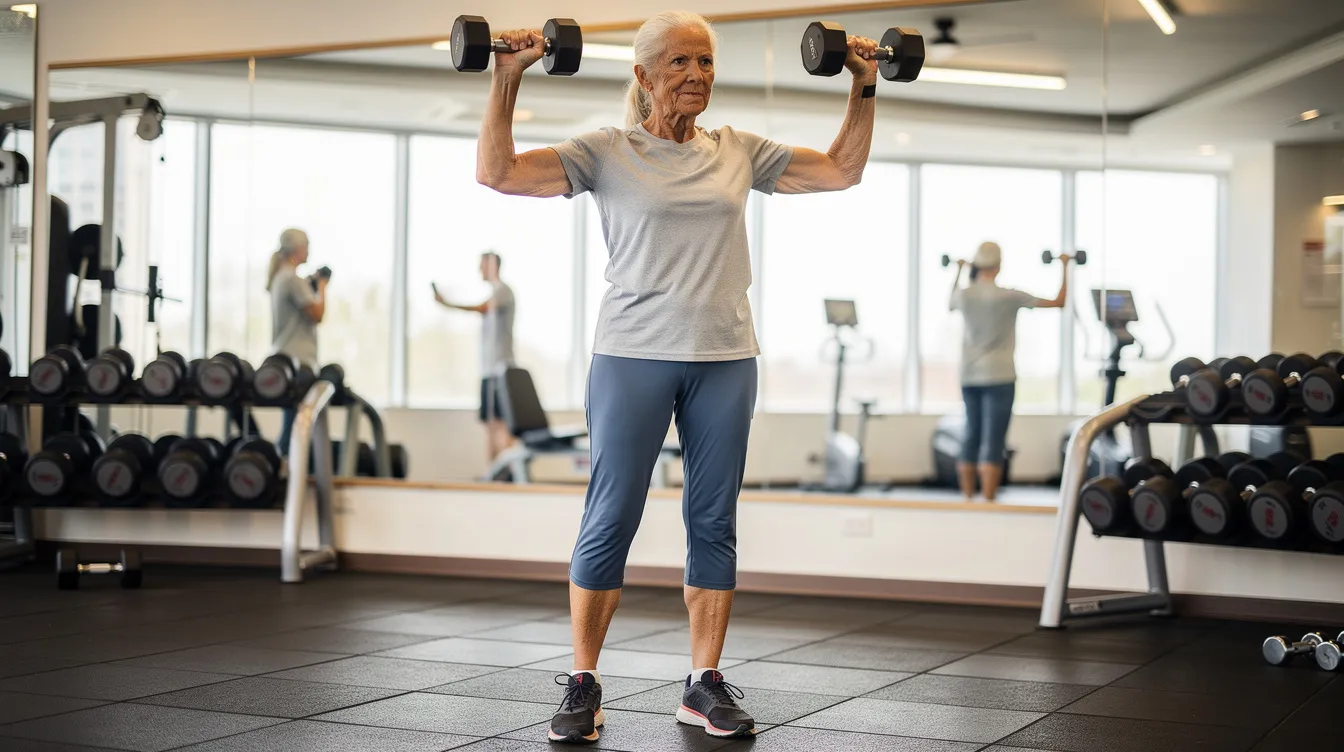 An older adult is engaging in dumbbell exercises in a fitness setting, focusing on strength training to enhance muscle mass and improve overall physical activity. This workout routine may benefit from creatine supplementation, which is known for its role in muscle recovery and performance during high-intensity exercises.