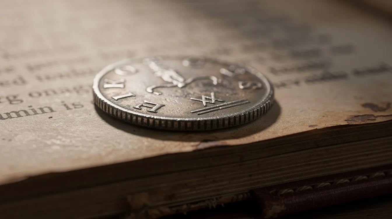 A weathered ancient silver coin, likely a silver denarius from the Roman Empire, rests on an open page of a leather-bound book, showcasing its intricate design elements and historical significance in Roman coinage. The nearly pure silver coin symbolizes the monetary system of ancient Rome, reflecting the value and exchange practices of the time.