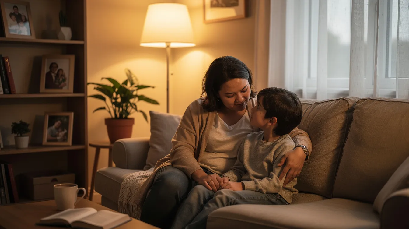 A parent and child sit together on a cozy couch, engaging in a calm conversation in a warm living room, which provides a comforting environment for discussing feelings related to anxiety. This scene highlights the importance of supportive communication in managing anxiety symptoms that many children may experience in their daily lives.