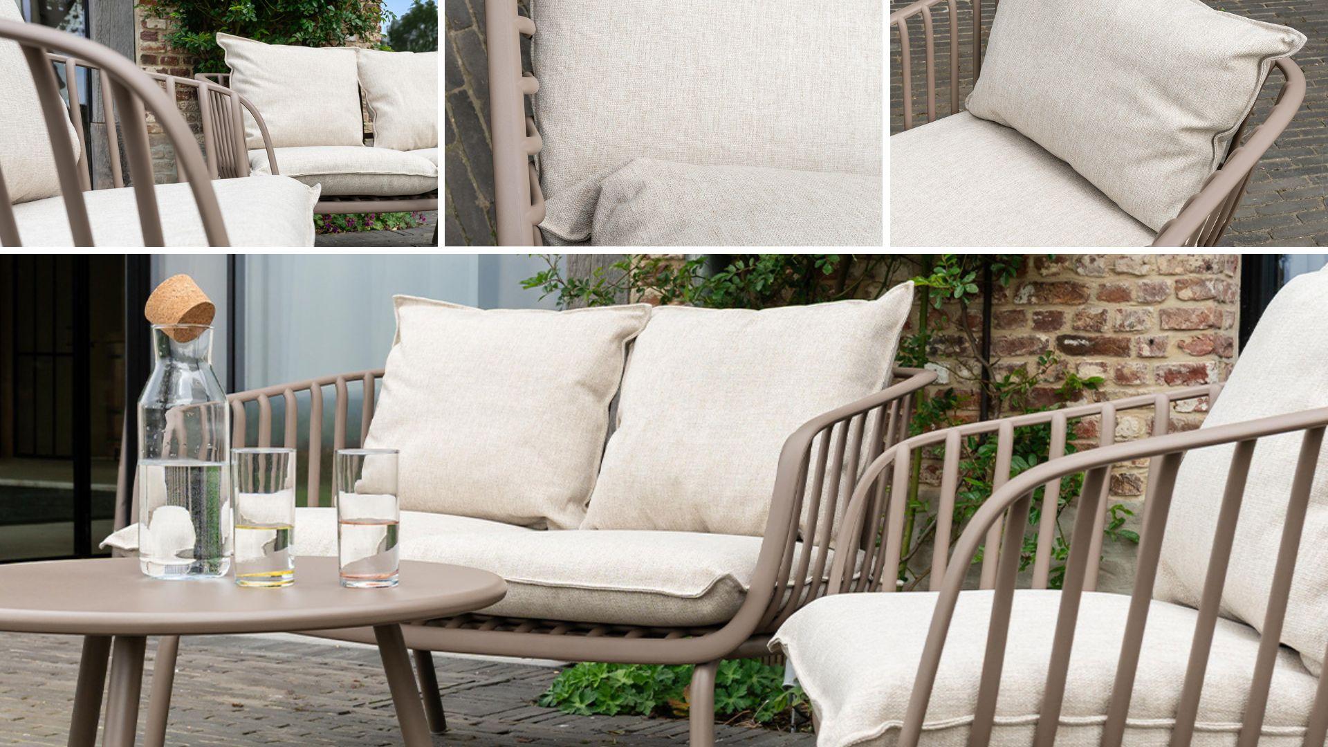 Salon de jardin en résine Marina Wilsa Garden avec canapé et fauteuils à coussins beiges chinés épais sur terrasse ambiance hôtel rooftop confortable et élégante