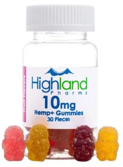 A bottle of 10mg CBD gummies with a label showing all natural ingredients