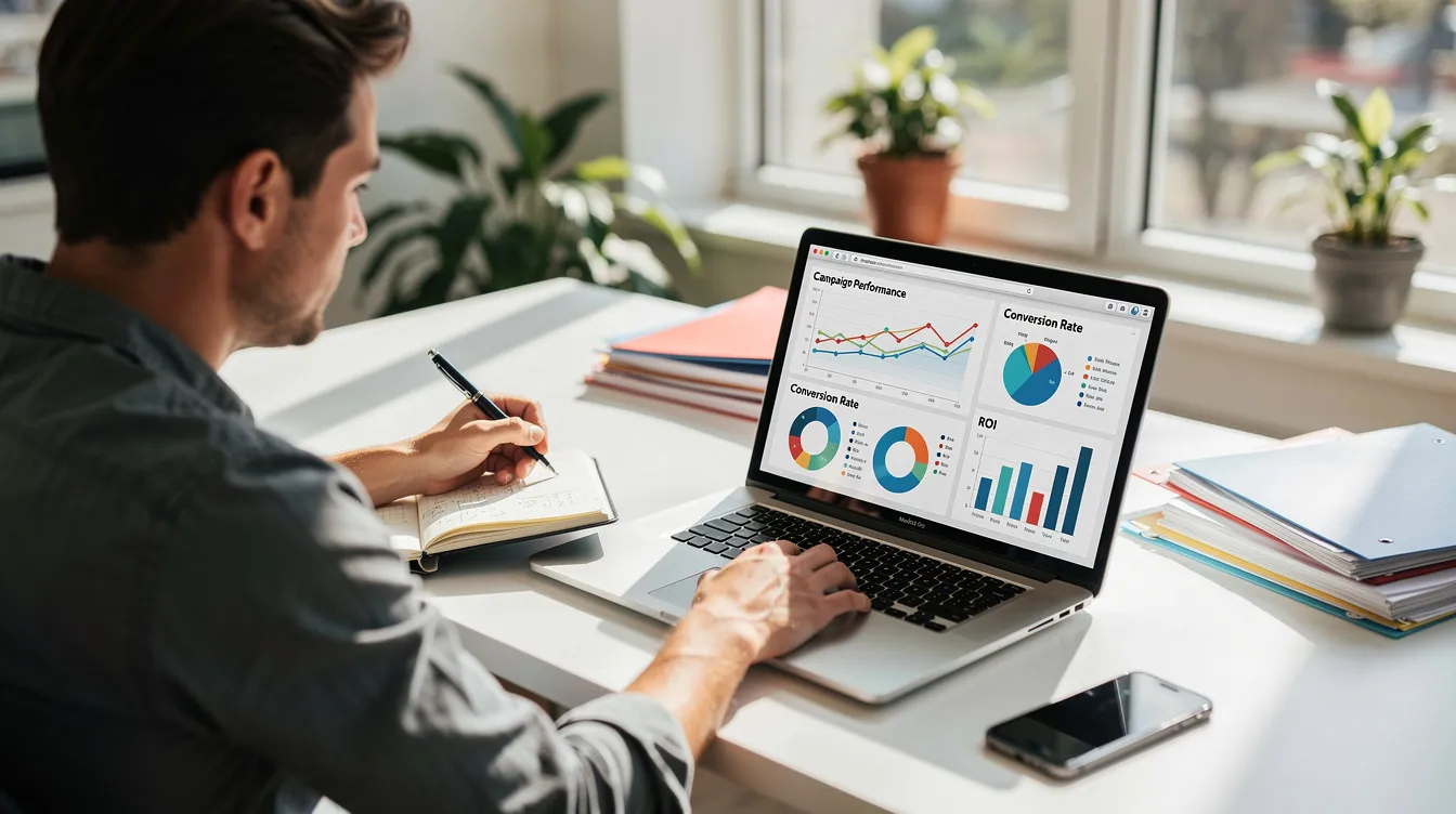 A small business owner is currently reviewing campaign analytics on a laptop in a bright office, surrounded by natural light and organized workspace. The scene suggests a focus on decision-making and strategic planning for future marketing efforts.