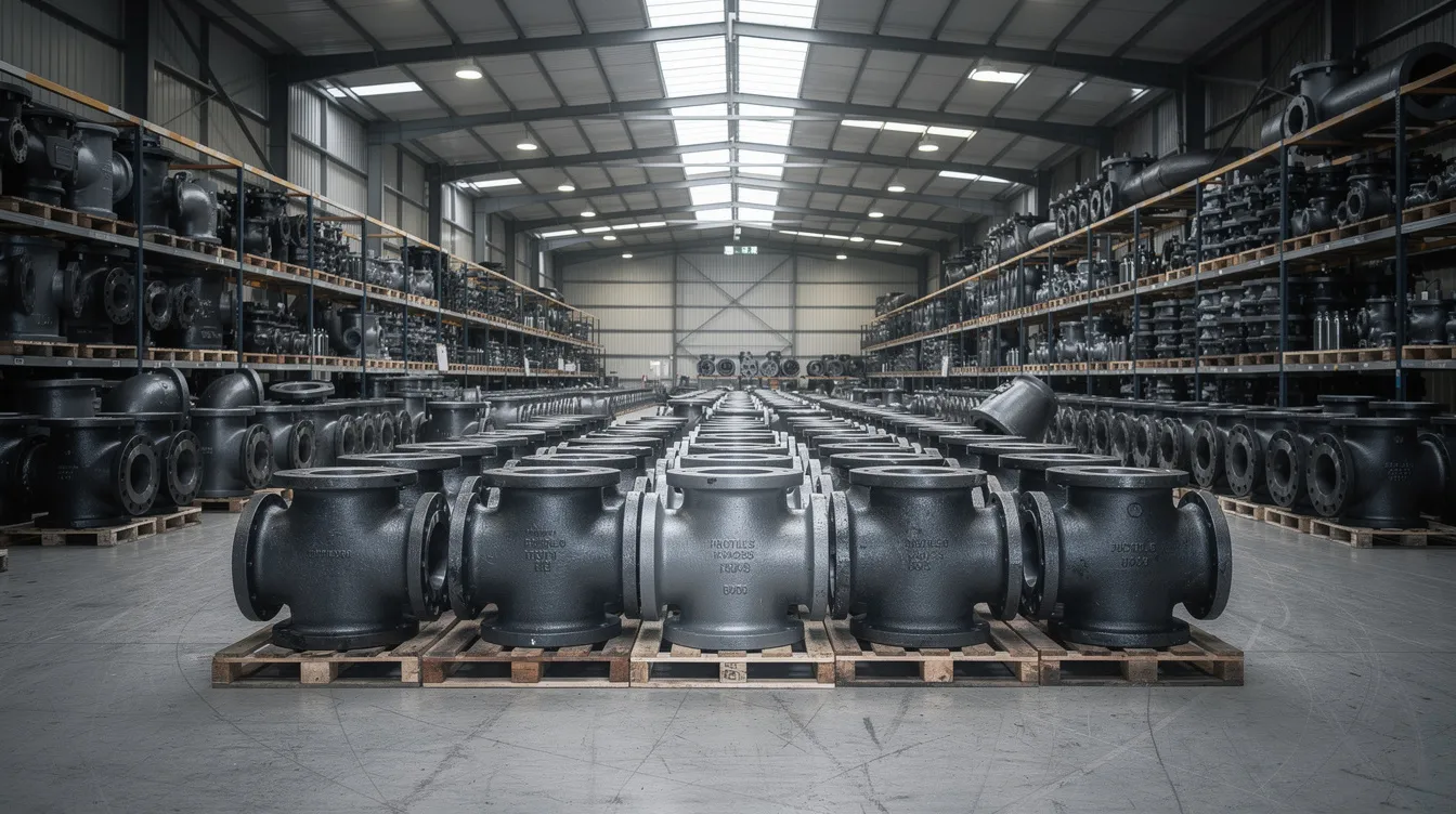 The image depicts a variety of heavy industrial pipe fittings and valve bodies made of ductile iron, neatly arranged in a warehouse setting. These components showcase the excellent strength and wear resistance characteristic of ductile iron, making them ideal for various industrial applications.