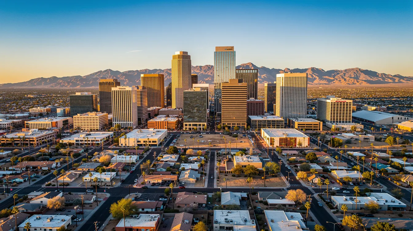 An aerial view of downtown Phoenix showcases the city's modern skyline with its tall buildings, set against the backdrop of rugged desert mountains. This vibrant urban landscape highlights local businesses and women entrepreneurs thriving in a community that values innovation and support for women-owned brands.