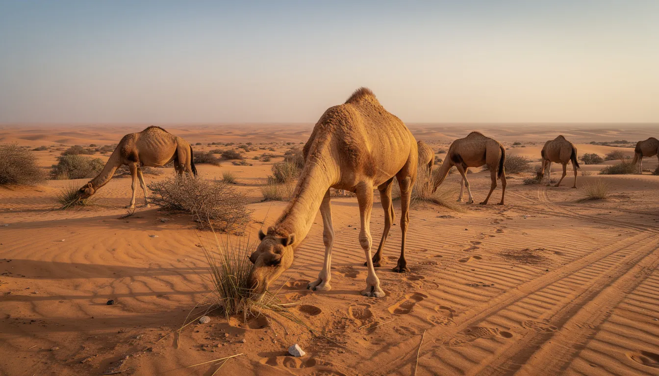 En la imagen se pueden ver camellos pastando en el vasto desierto del Sahara mauritano, rodeados de arena dorada y un cielo despejado. Esta escena refleja la vida en la región de Mauritania, donde la fauna y la naturaleza conviven en un entorno árido y majestuoso.