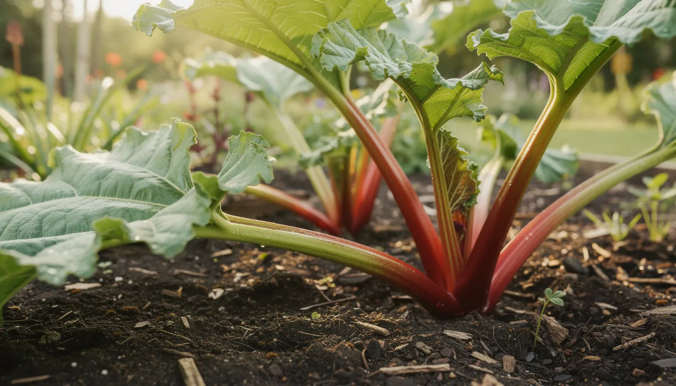 The image features vibrant red and green rhubarb stalks with large, lush leaves growing in a garden bed, showcasing the beauty of perennial vegetables. These hardy perennial plants thrive in early spring, contributing to an edible landscape in the garden.