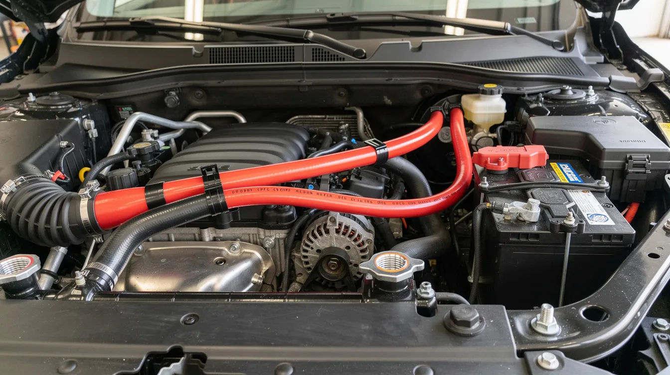 The image depicts a car engine bay featuring heavy gauge red and black OFC copper cables, which are part of a Big 3 electrical upgrade. These cables are designed to enhance power transmission and minimize voltage drop, adhering to the standards of the American wire gauge system for optimal performance.