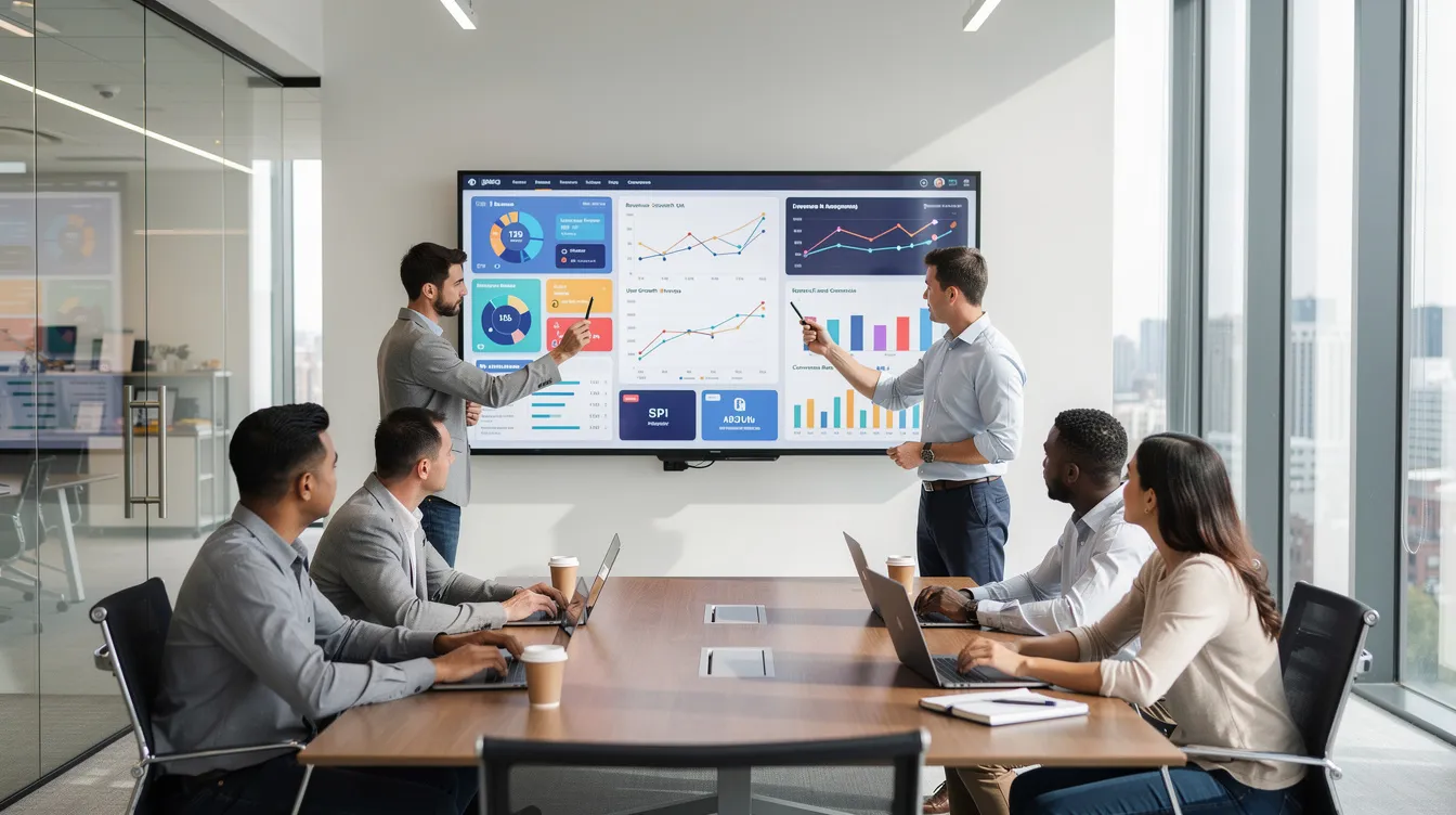 A modern office team collaborates around a large monitor displaying various dashboards and data visualizations, showcasing their internal tools and app generation processes. The environment reflects a focus on data source integration and user management, highlighting the importance of flexible deployment options for building powerful web applications.