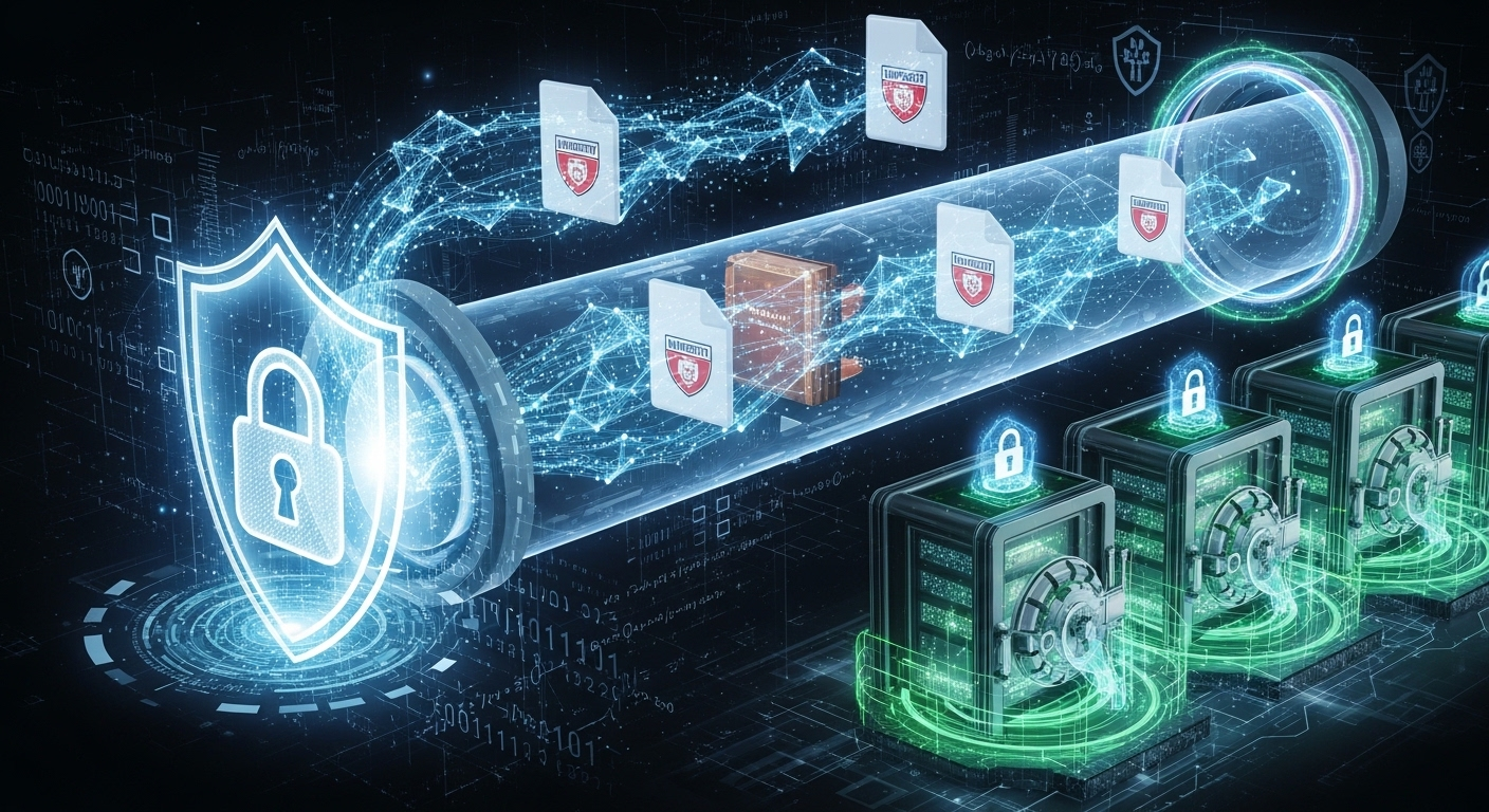 Data encryption concept showing sensitive university data locked and protected during transfer and storage.