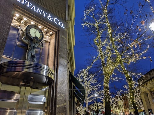 Greenwich Avenue: Everything You Need To Know 18 The front of Tiffany & Co, including the sign, festooned in the famous lights