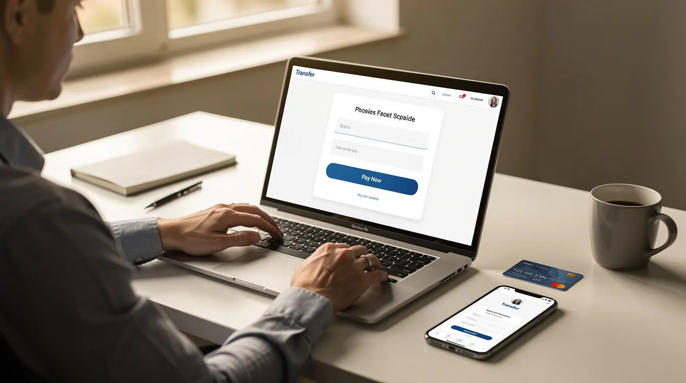 A person is seated at a desk, focused on a laptop and smartphone, as they prepare to make an online payment for a money transfer. They are likely considering options for sending money from Australia to Kenya via mobile money services like M-Pesa, weighing the transaction fees and efficiency of the process.
