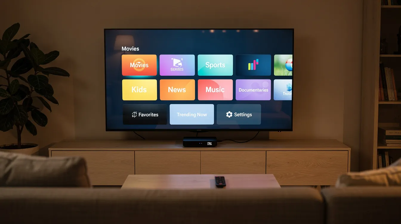 The image depicts a cozy living room featuring a smart TV connected to a streaming device, displaying a channel grid typical of an IPTV service. Viewers can explore various live TV channels and on-demand shows, highlighting the convenience of unlimited global entertainment through an IPTV subscription.