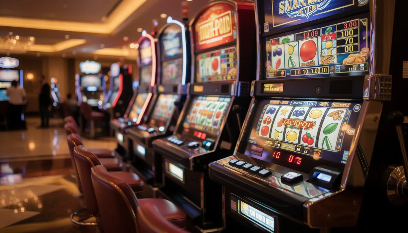 The image features a vibrant row of colorful slot machines in a bustling casino environment, showcasing various designs and themes that invite players to try their luck and win real money. Bright lights and sounds create an exciting atmosphere, perfect for enjoying casino games and taking advantage of deposit bonus offers.