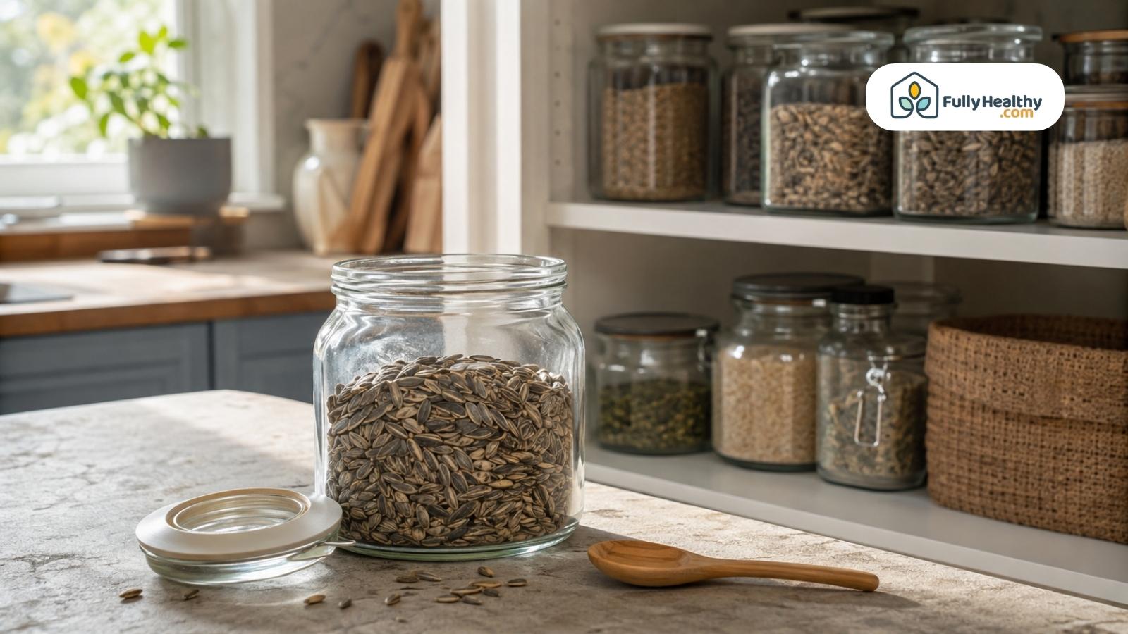 Glass jar filled with sunflower seeds displayed in an organized kitchen pantry