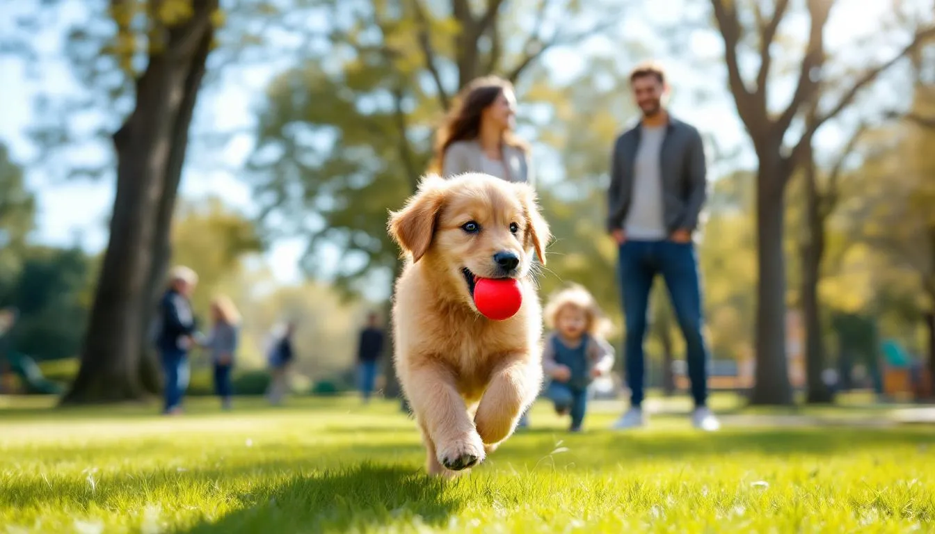 In the image, a playful mini goldendoodle is joyfully fetching a ball in a sunny park, surrounded by a smiling family. The scene captures the affectionate nature of this miniature poodle mix as it interacts with its owners, showcasing the charm and sociable personality typical of mini goldendoodles.