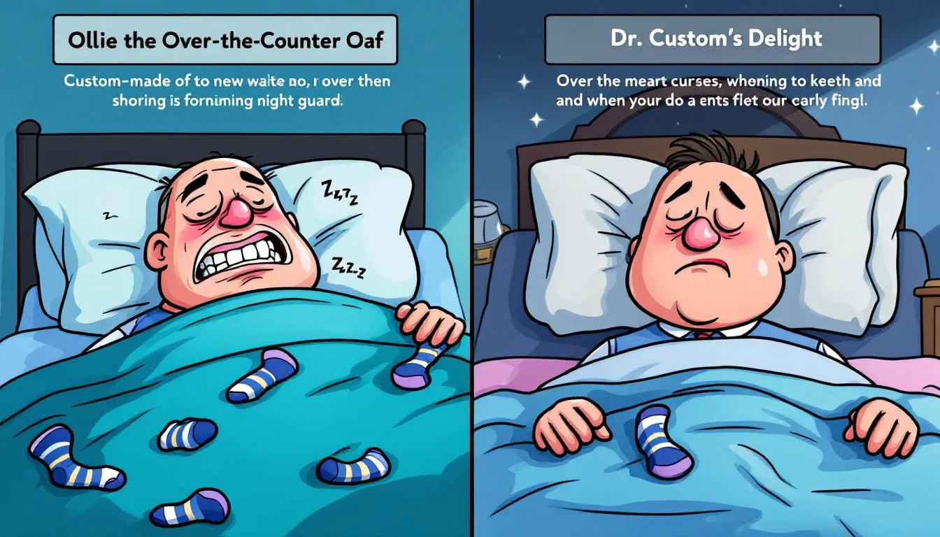 A comparison image of custom-made and over-the-counter snoring night guards.