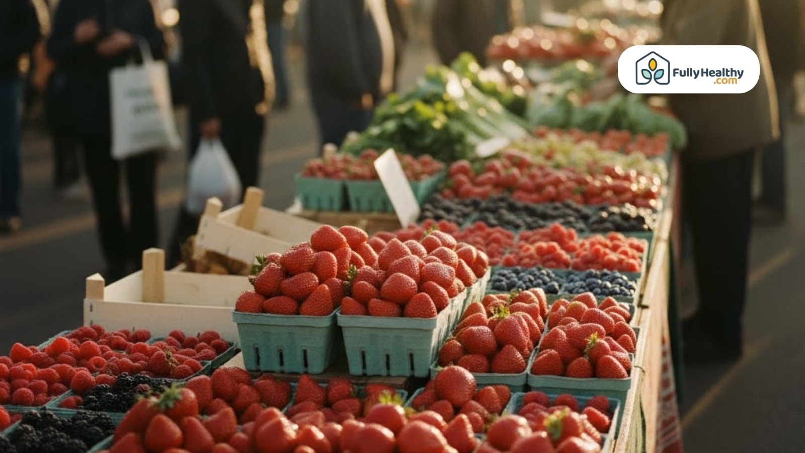 Fresh strawberries displayed at an outdoor farmers market fruit stand