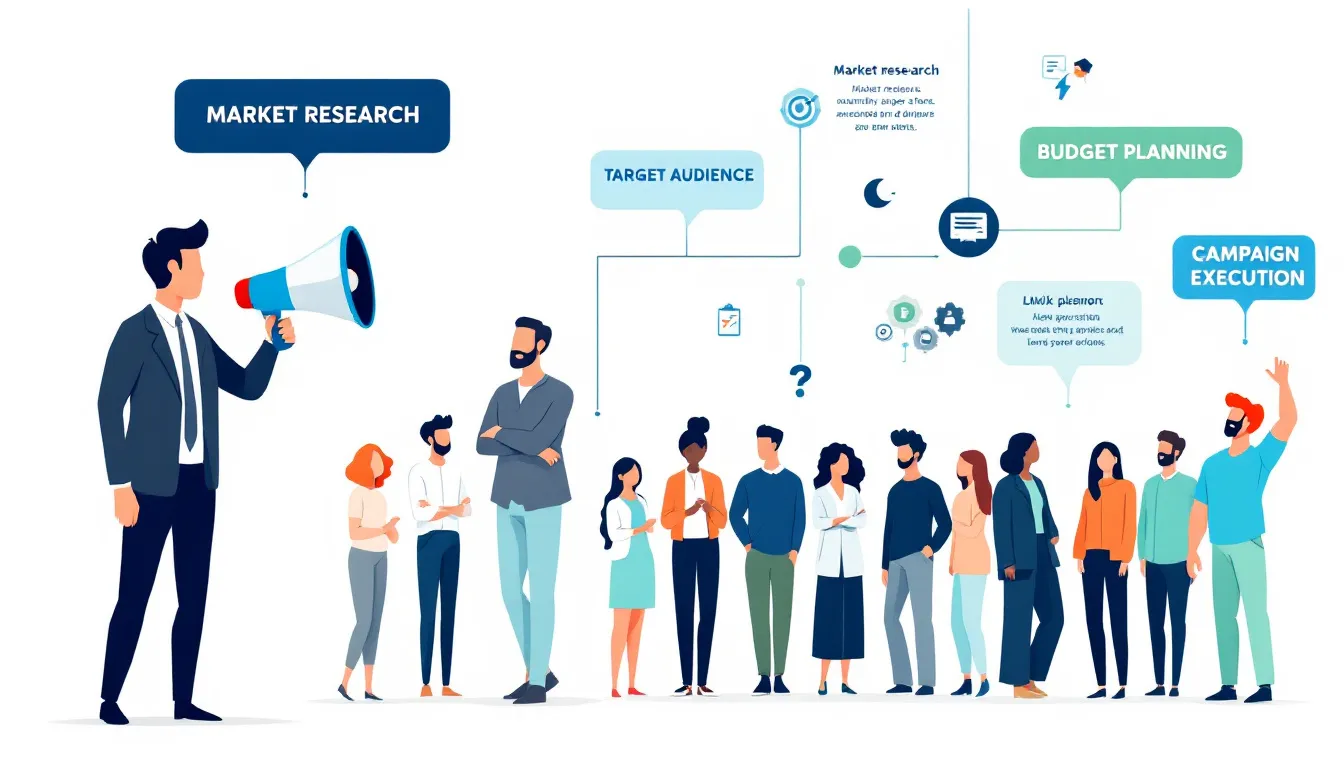 In the image, a group of marketing professionals is gathered around a table, discussing a marketing campaign strategy. They are analyzing data on a laptop, surrounded by notes and charts that illustrate various marketing efforts aimed at increasing brand awareness and engaging their target audience.