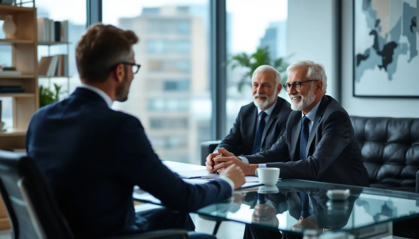 A financial advisor is meeting with a retired couple in a modern office, discussing their retirement plans, including required minimum distributions (RMDs) from their retirement accounts and the benefits of qualified annuities for steady income. The scene reflects a professional environment where tax efficiency and financial strategies are being explored to optimize their retirement income.