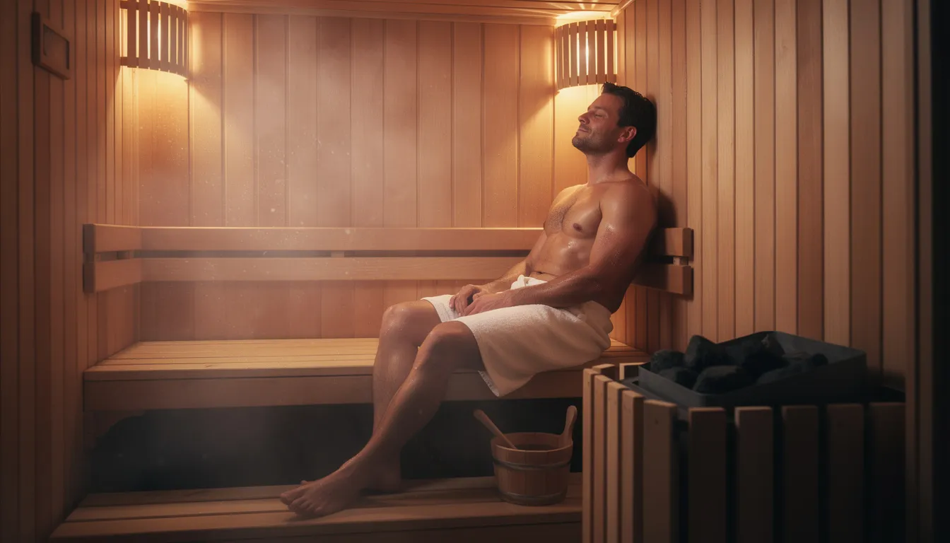A man is peacefully relaxing in a wooden home sauna, surrounded by warm, natural wood and steam rising from the sauna heater. The atmosphere is tranquil, creating a perfect fit for a comfortable sauna experience.