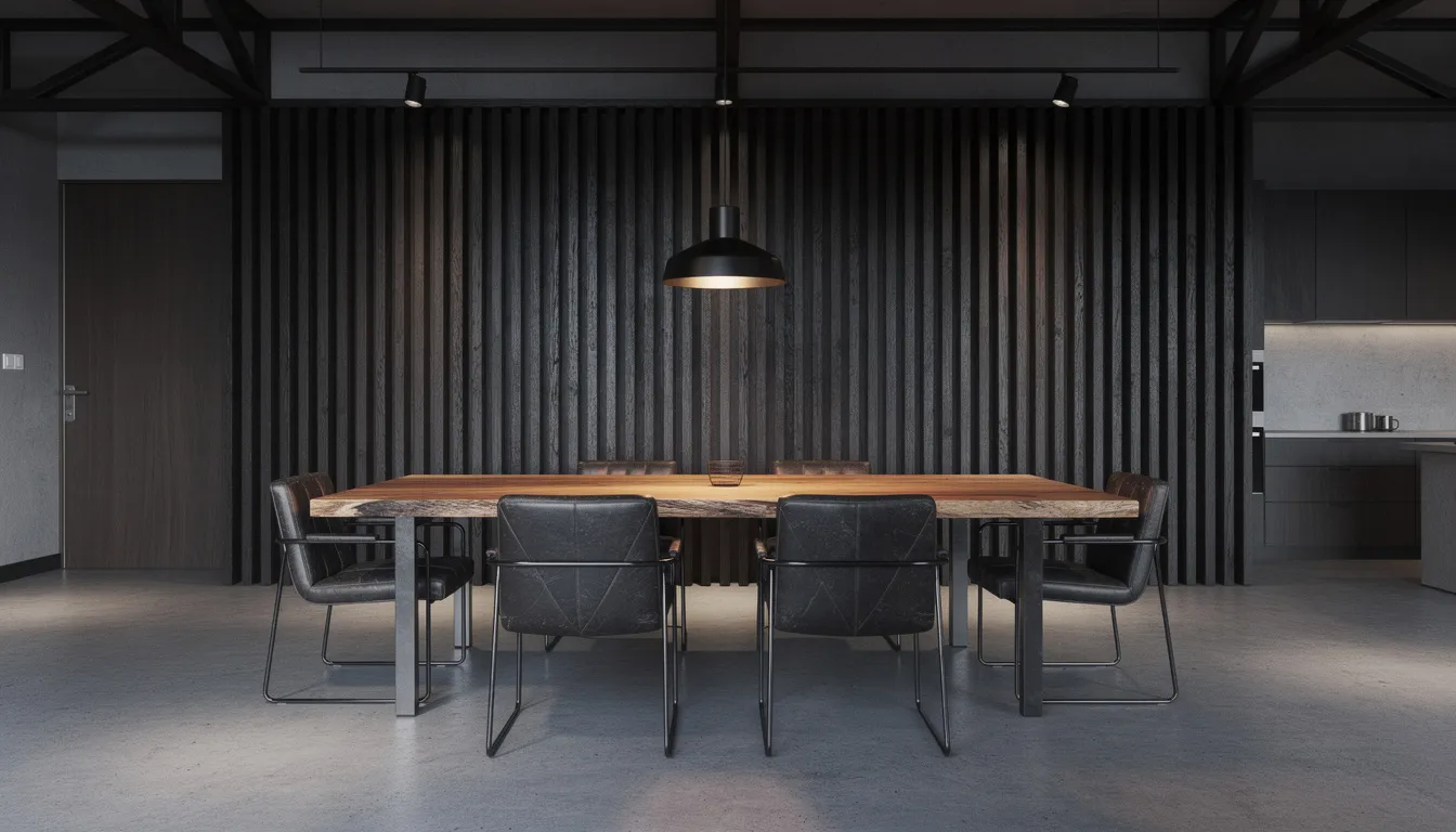 Een industriële eetkamer met een donkere lattenwand, achter een massief houten eettafel, omringd door stijlvolle leren stoelen. De combinatie van de wandpanelen en de houten elementen creëert een luxe uitstraling met een moderne, industriële look.
