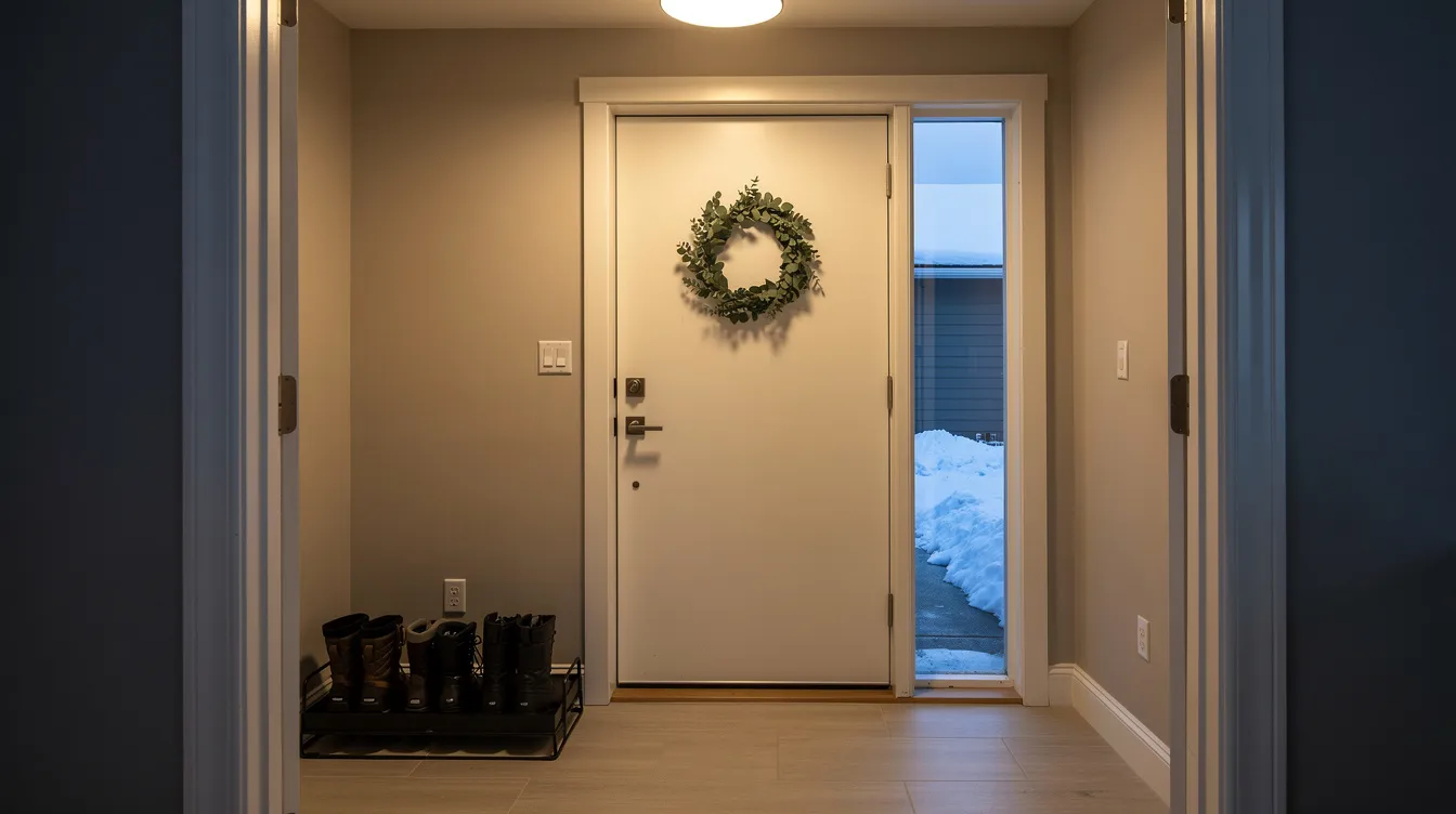 The image depicts a clean and inviting home entryway featuring a boot tray, a simple wreath on the front door, and warm overhead lighting, complemented by a neatly shoveled walkway that enhances the home's curb appeal. This well-staged home creates an inviting atmosphere for potential buyers, making a strong first impression.