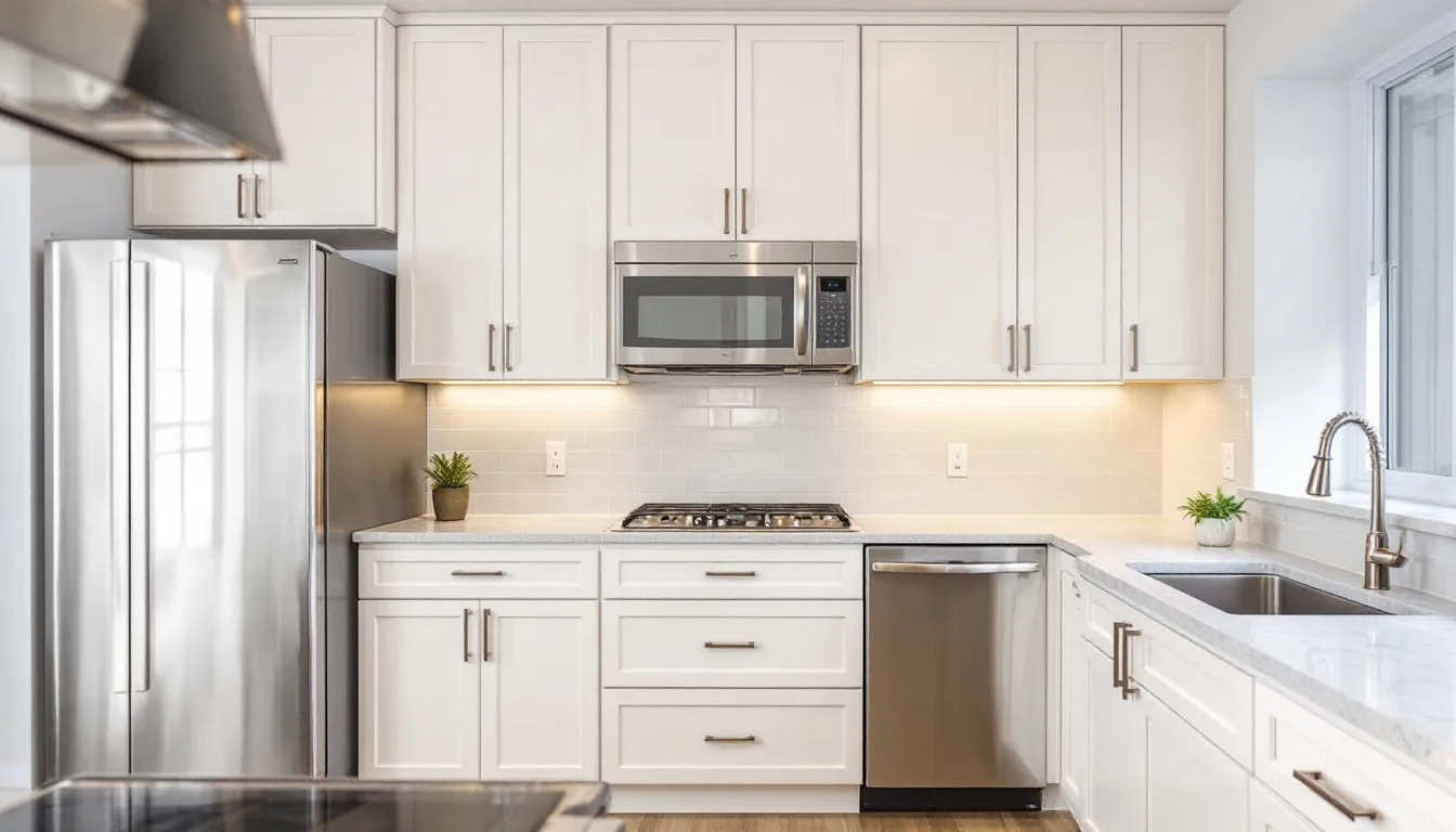 The image showcases well-maintained painted kitchen cabinets, highlighting their long-term durability and appealing appearance. The cabinet doors feature a smooth, glossy finish, demonstrating the effectiveness of a quality paint job and proper prep work in preserving the cabinetry's charm.
