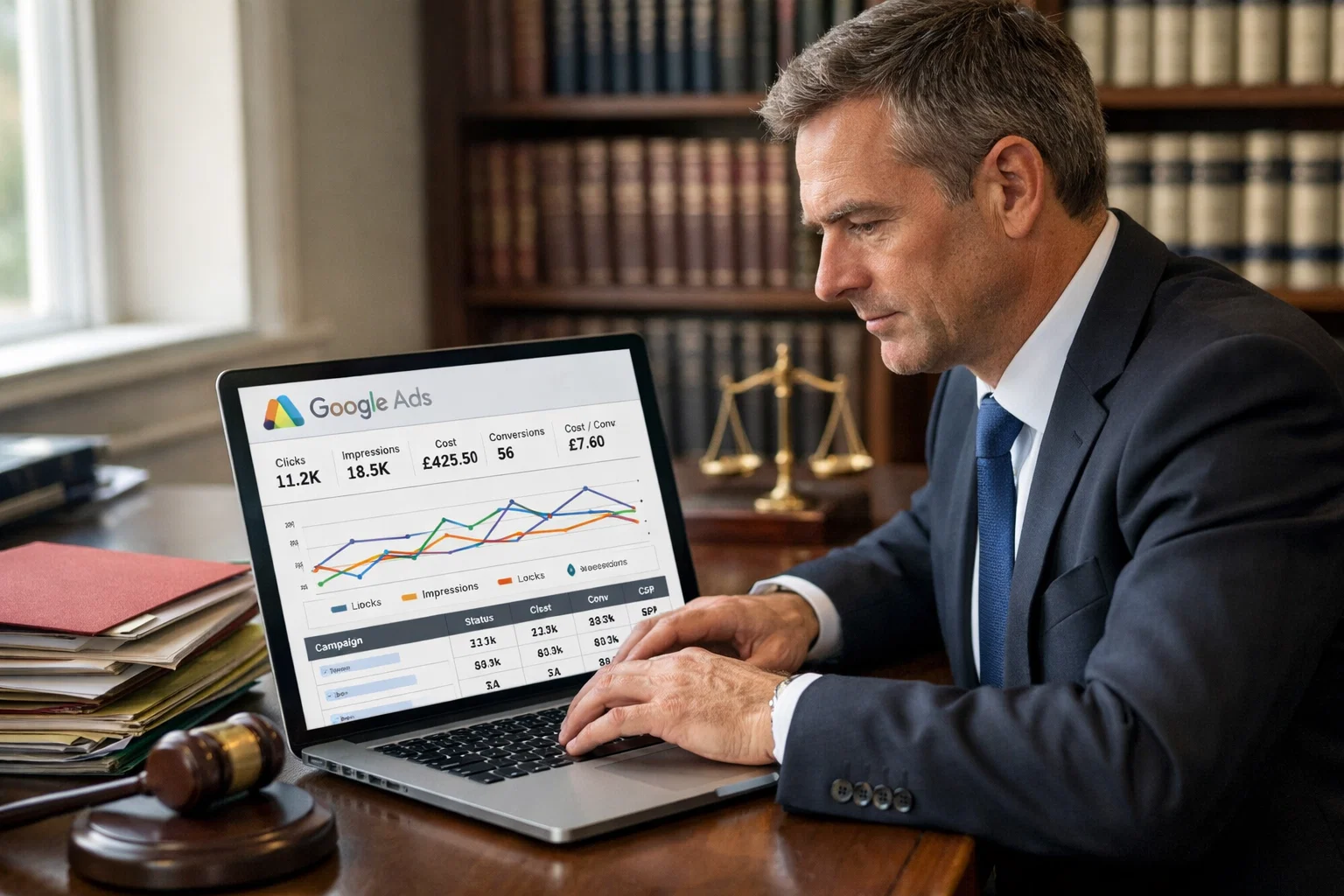 Lawyer researching PPC advertising for law firms on laptop in office