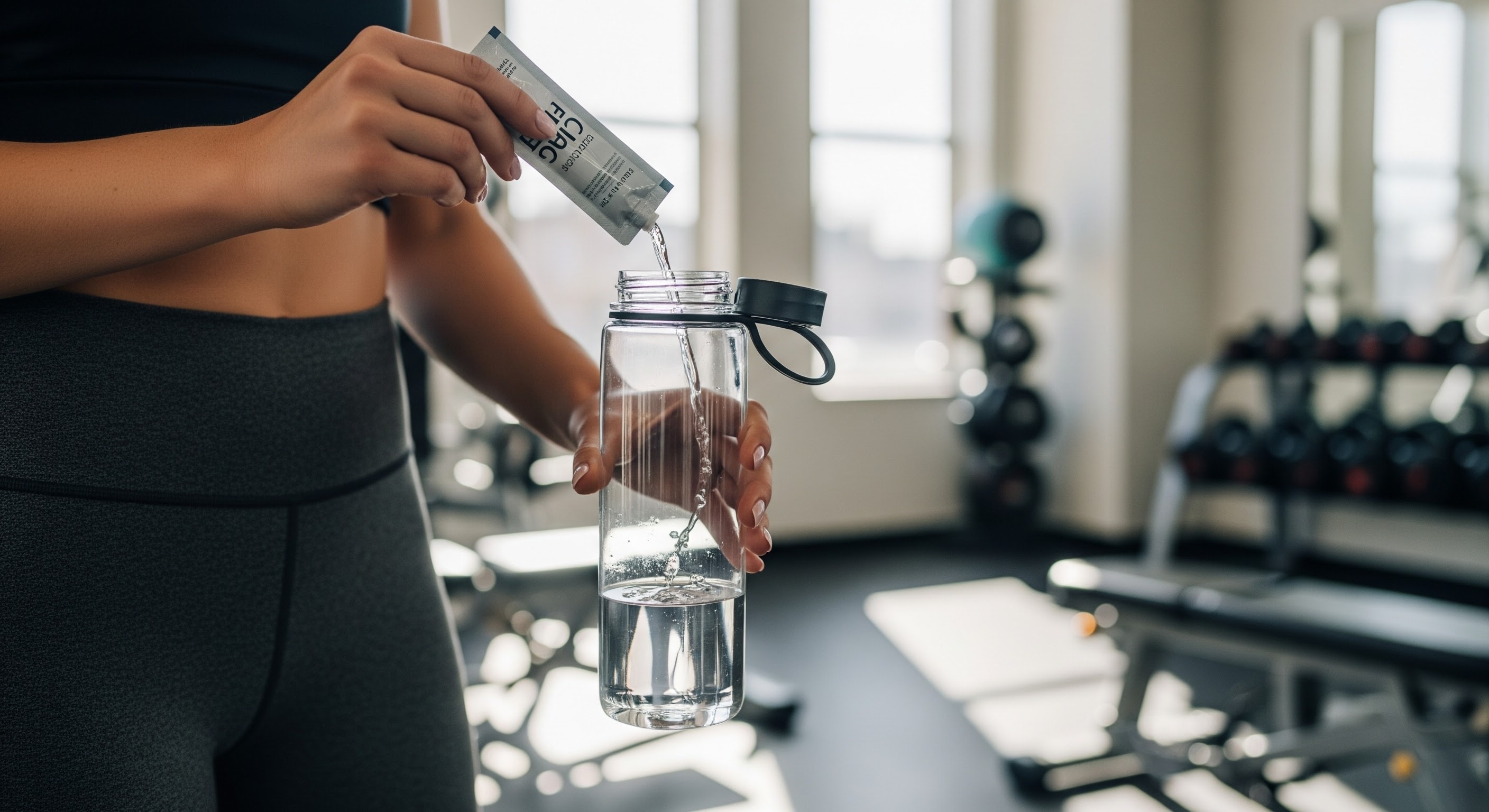 person adding stick pack to water bottle at the gym, athleisure lifestyle, bright natural light
