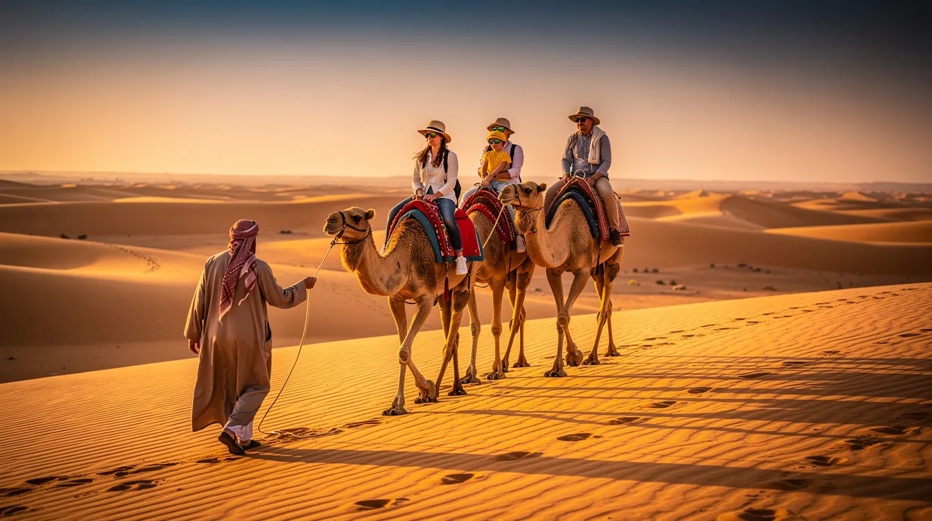 A family is riding camels across the golden sand dunes of the Sahara Desert, with a guide leading the way. This picturesque scene captures the essence of a trip to Morocco, showcasing the stunning desert landscape and the adventure of a sunrise camel ride.