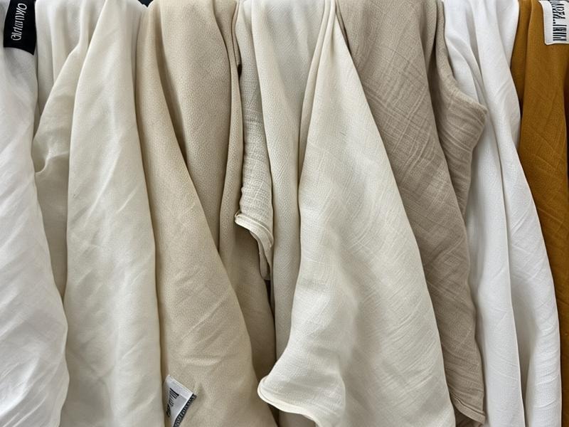 An image showing different types of muslin fabrics hanging vertically in a row, showcasing different textures and weaves. 