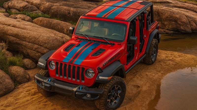 A Jeep Wrangler wrapped in racing stripes for enhancing the visual appeal