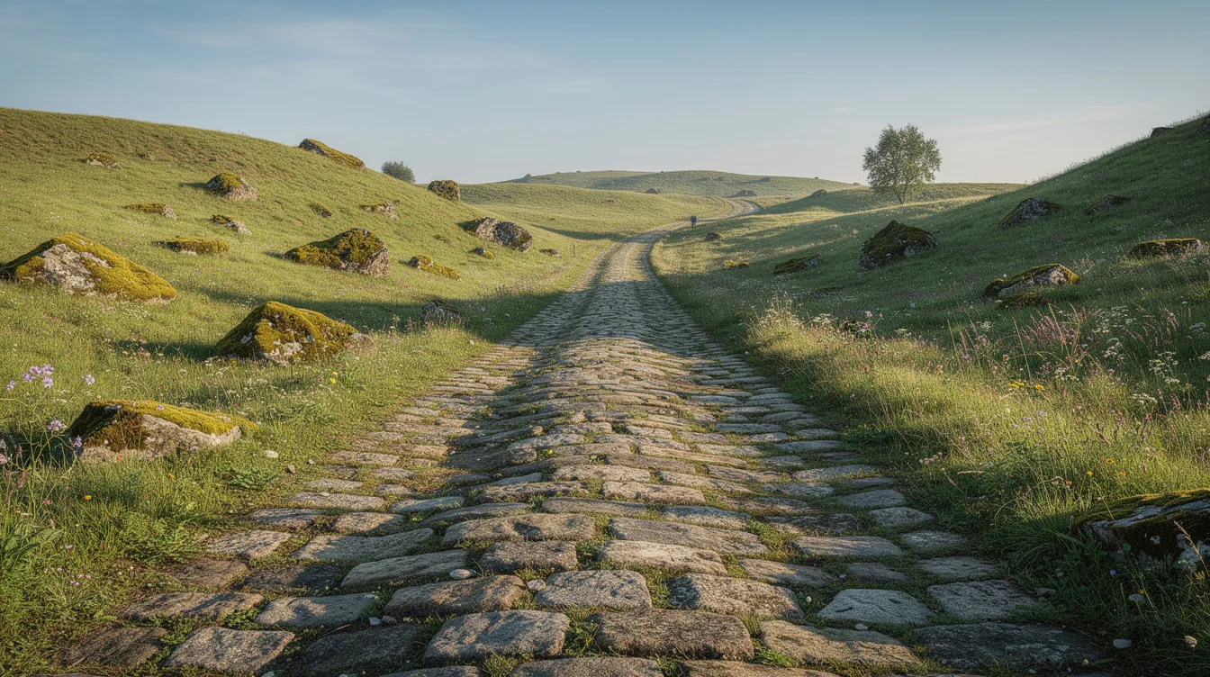 The image depicts an ancient stone road winding through lush green hills beneath a clear blue sky, reminiscent of the infrastructure that supported the expansion of the Roman Empire. This scene evokes the historical significance of Roman roads in connecting various provinces and facilitating trade and communication throughout the Mediterranean world.