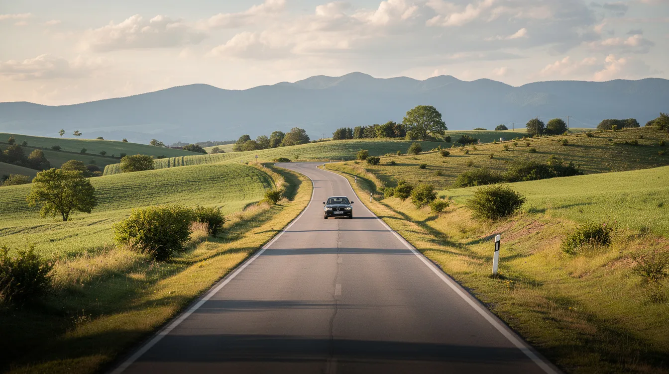 Une voiture sur une route traversant des collines verdoyantes avec des montagnes en arrière-plan.
