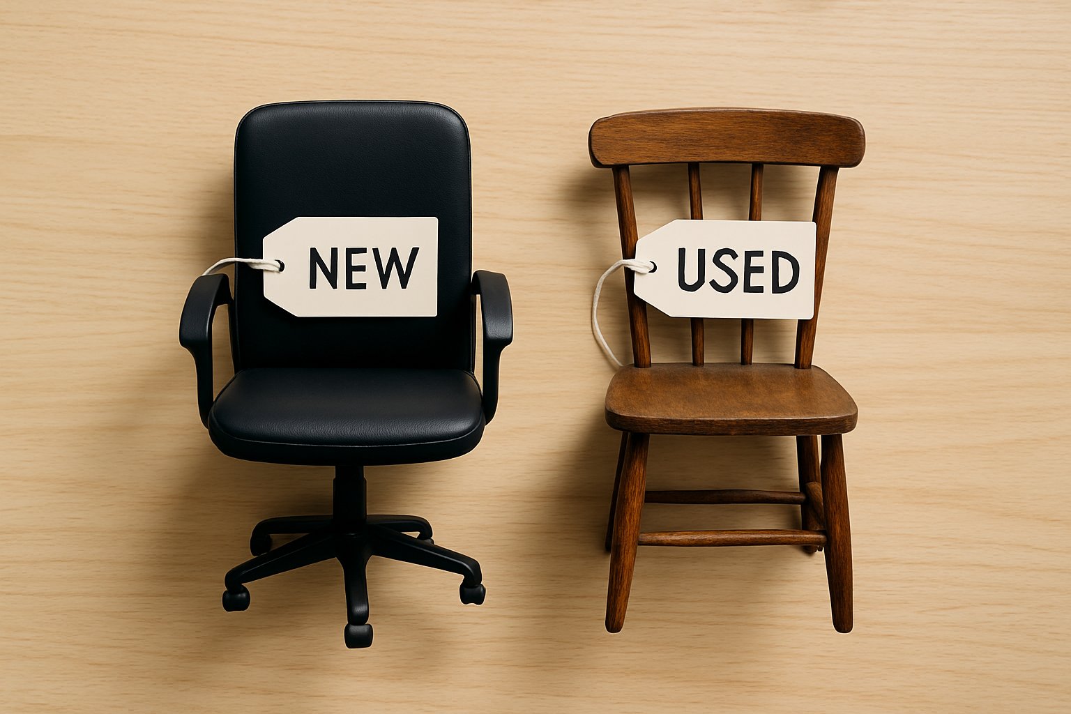 Image of a modern chair tagged NEW beside a vintage chair tagged USED illustrating cost optimization and maximize savings by avoiding on demand pricing for new furniture.