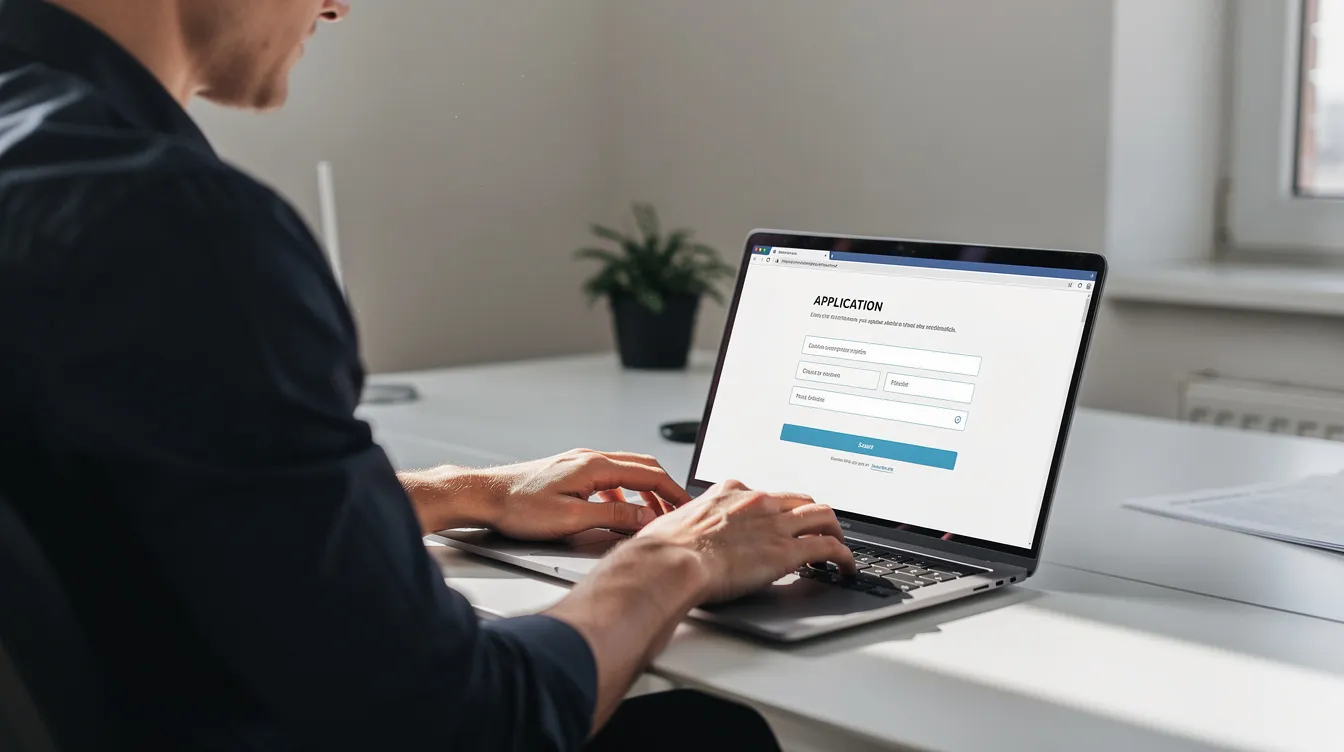 A person is seated at a desk, focused on completing an online application form for a loan on their laptop, which may involve details like personal information and financial data. The scene captures the essence of applying for a loan, potentially for a "免 tu 貸款" or private loan, emphasizing the importance of accurate information for approval.