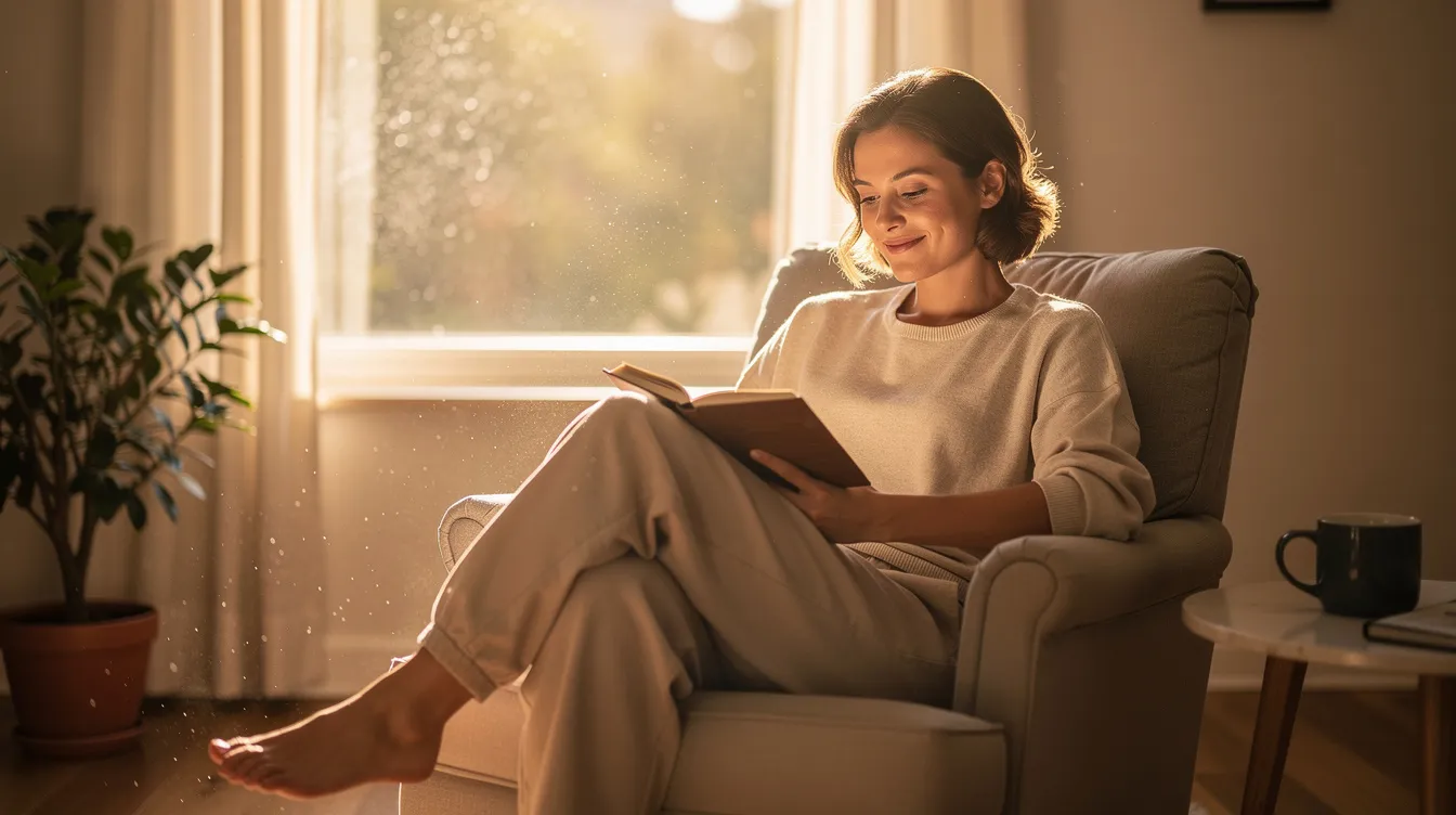 A calm person is sitting in a sunlit room, deeply engrossed in reading a book, with a relaxed expression that conveys mental clarity and focus. This serene atmosphere suggests a positive state of mind, potentially supported by practices that enhance brain health and cognitive function.