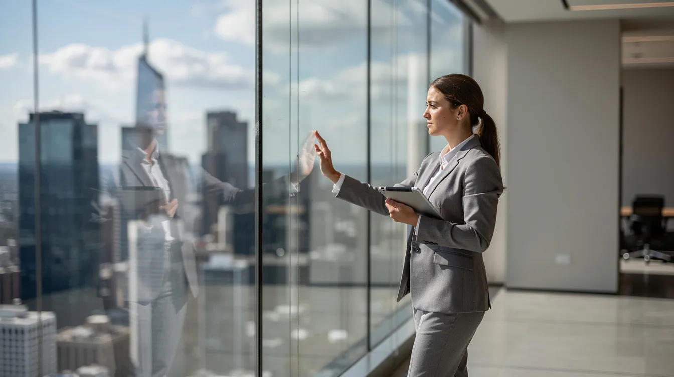 A property manager is inspecting a clean office window that offers a stunning city view in the background, showcasing the results of a professional window cleaning service. The window appears crystal clear and streak-free, reflecting meticulous attention to detail and the importance of regular maintenance for commercial properties.