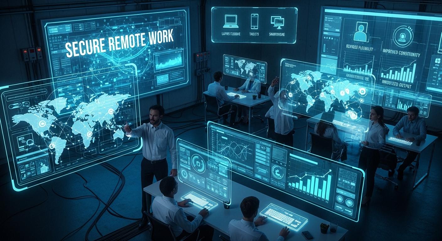 Benefits of virtual desktop infrastructure for remote work, including security, flexibility, centralized management, and business continuity