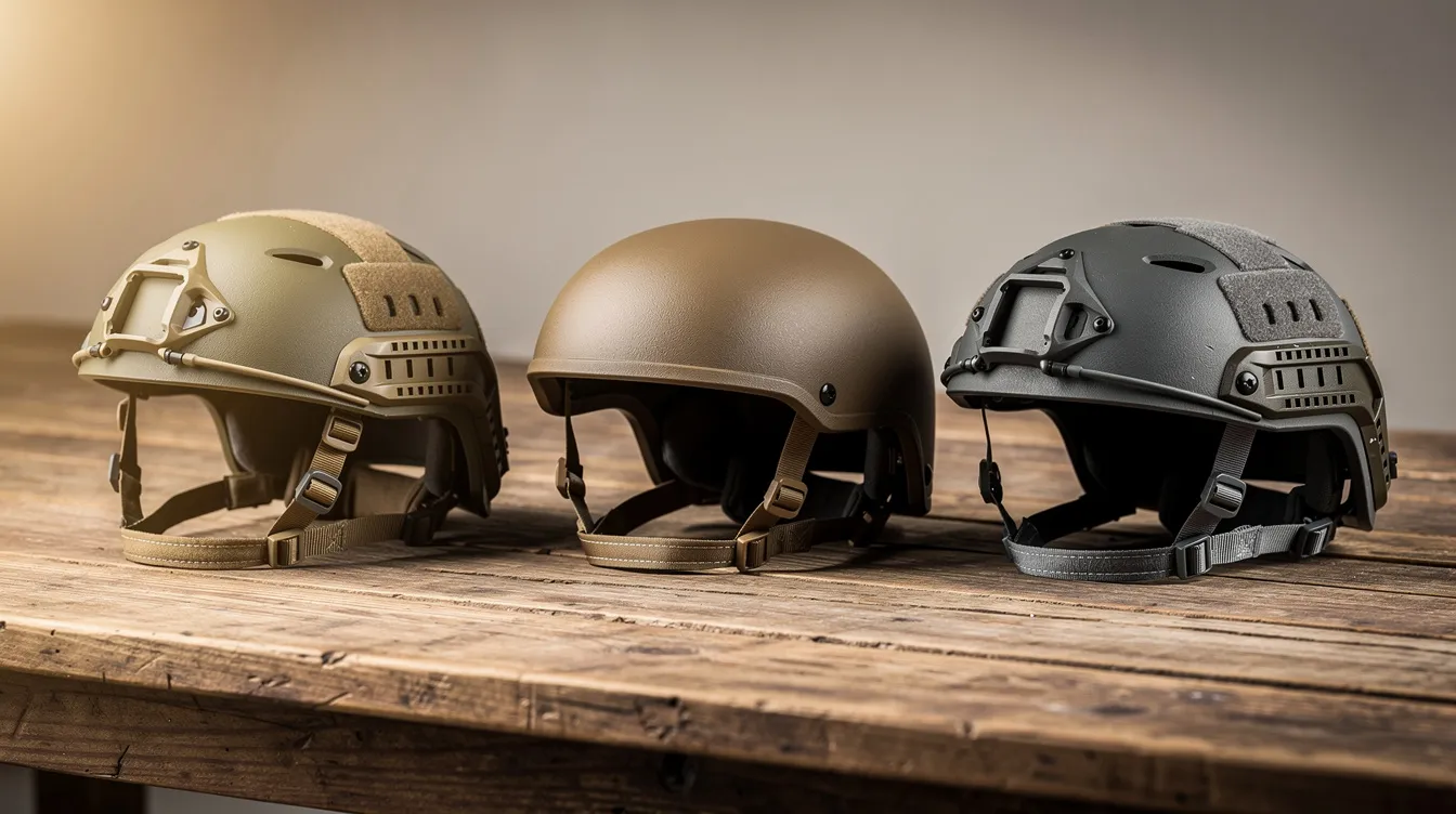 The image features three distinct airsoft helmet styles displayed side by side on a wooden table, showcasing various designs including a big foot fast helmet, a tactical helmet with velcro panels, and a camo-patterned helmet. Each helmet is equipped with potential accessories such as NVG mounts and lighting systems, highlighting their functionality for airsoft enthusiasts.