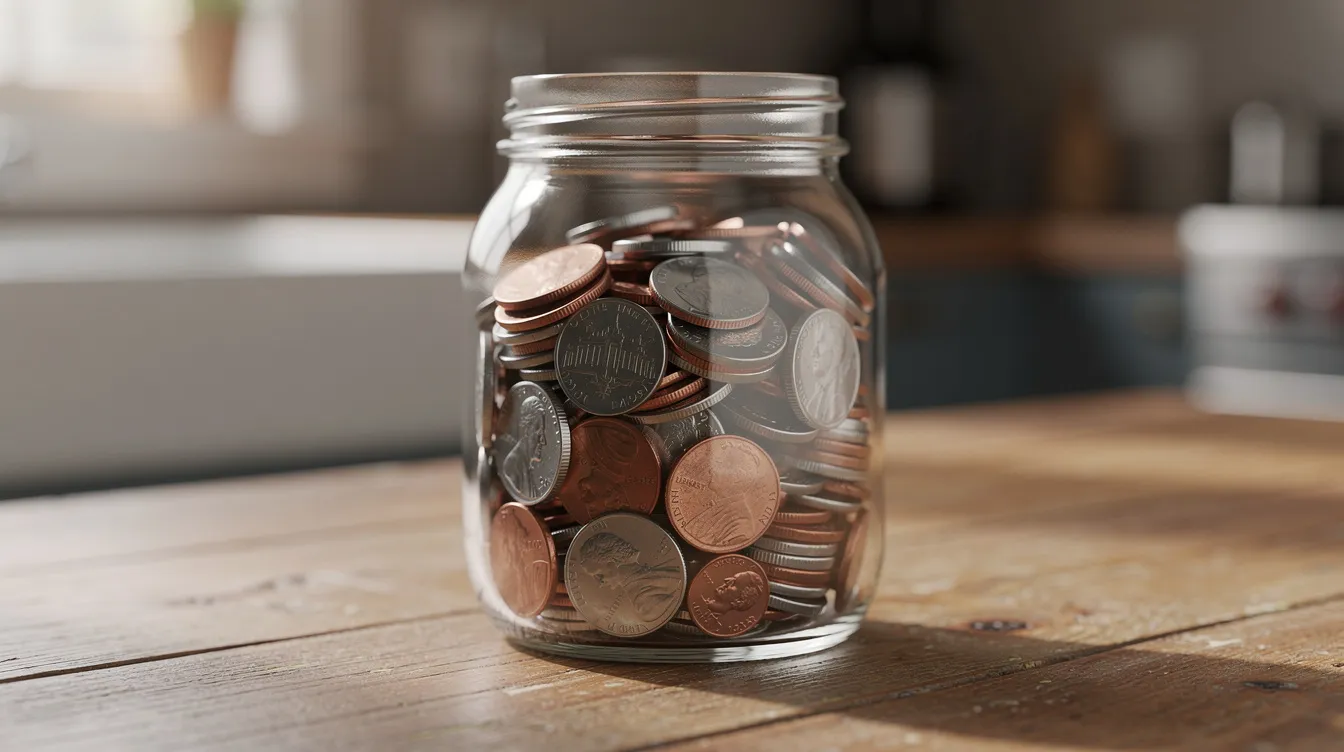 A glass jar filled with coins is placed on a wooden table, with a softly blurred kitchen background. The image captures the essence of personal finance, symbolizing savings and financial planning.