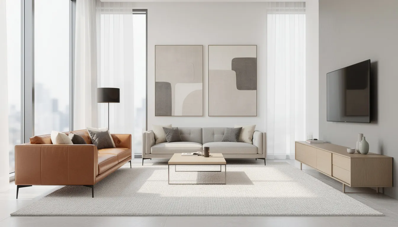 A modern living room features clean leather and fabric sofas in neutral tones, creating a stylish and inviting atmosphere. This setting highlights the importance of regular sofa cleaning and maintenance for a healthier indoor environment.