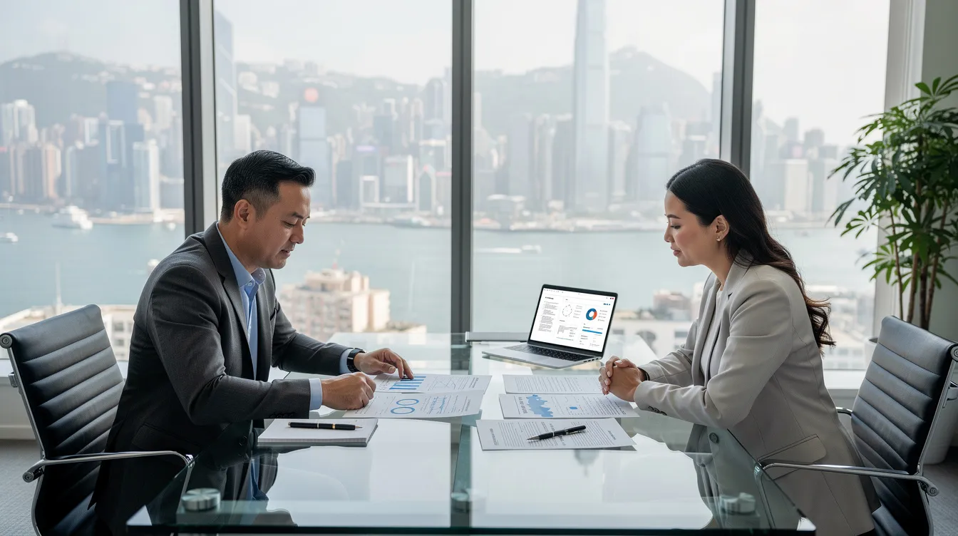 The image depicts a professional consultation meeting in a modern office in Hong Kong, where two individuals are focused on reviewing important documents, likely related to 中小企業貸款 or financing options. The contemporary setting suggests a collaborative atmosphere aimed at discussing potential loan applications and business financing solutions.