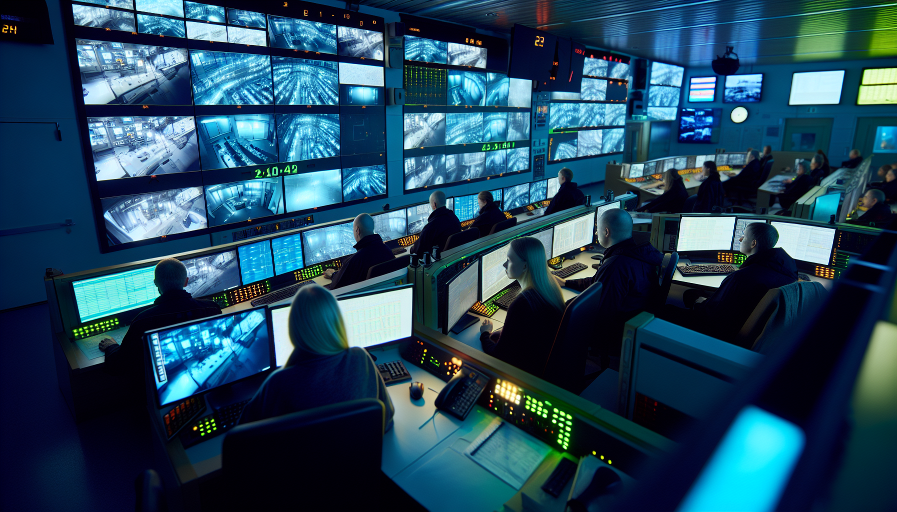 Real-time monitoring control room with video surveillance screens
